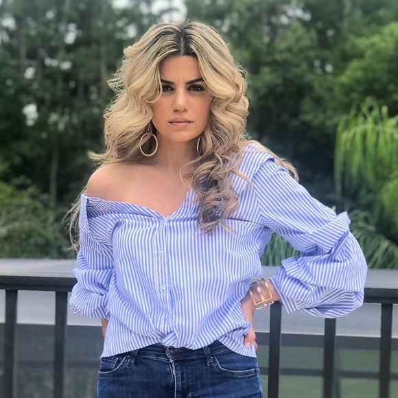 Striped, Off Shoulder Button Up Shirt - Picture 2 of 10